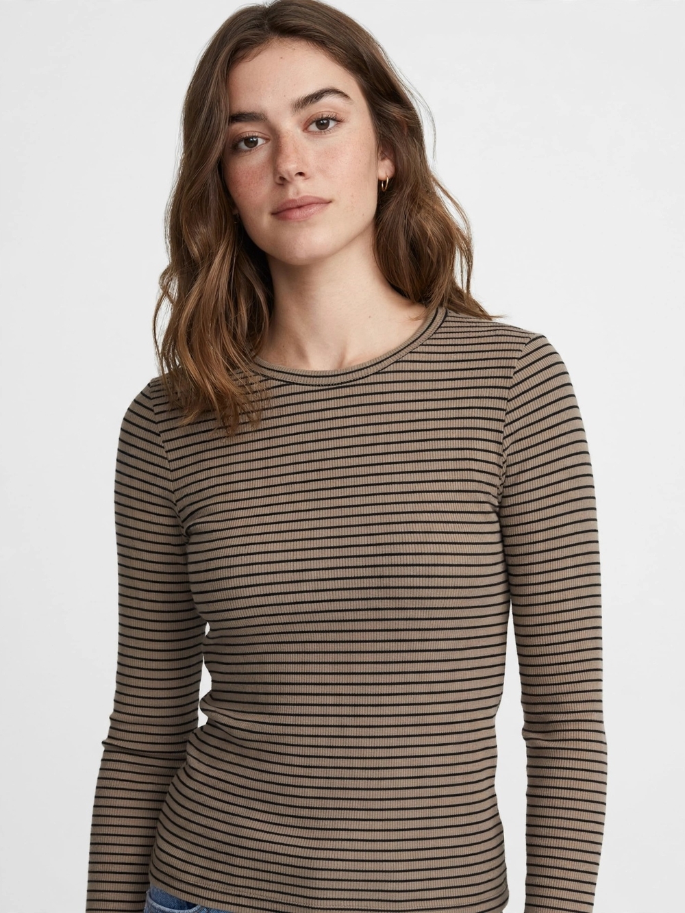 JJXX Brown Black Stripe Ribbed Long Sleeve Top Size M